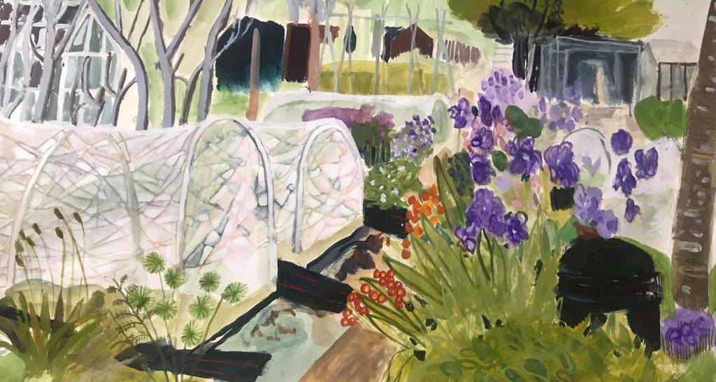 a water colour illustration of an allotment with 4 polytunnels on the left hand side and purple and red flowers in amongst green shrubs on the right hand side