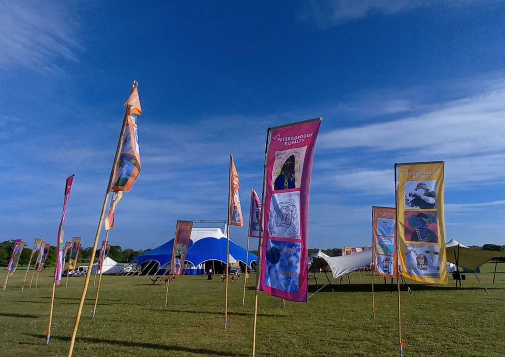 Flags on poles in the grass. The flags have art on them.