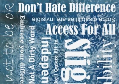 Half of an artwork by Fae Kilburn. The background is a pale blue rough texture like grass, and overlaid are quotes about disability in differing fonts. The quotes read: "Don't Hate Difference", "Access For All" "not to be ok", "Independence", "Stigma"