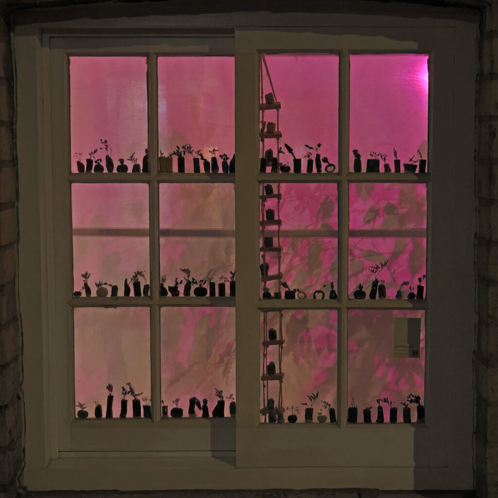 A purple coloured window with black silhouetted characters accross the bottom of each of the 12 smaller panes.