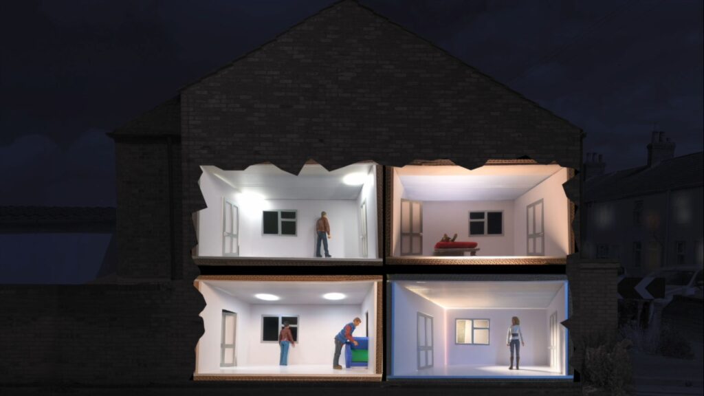 A photo of the side of a house taken at night. The image has been edited to make it look like the side of the house has been cut open and you can see into the rooms of the house. In each "room" a toy figure has been posed to look like they are going about their daily lives.