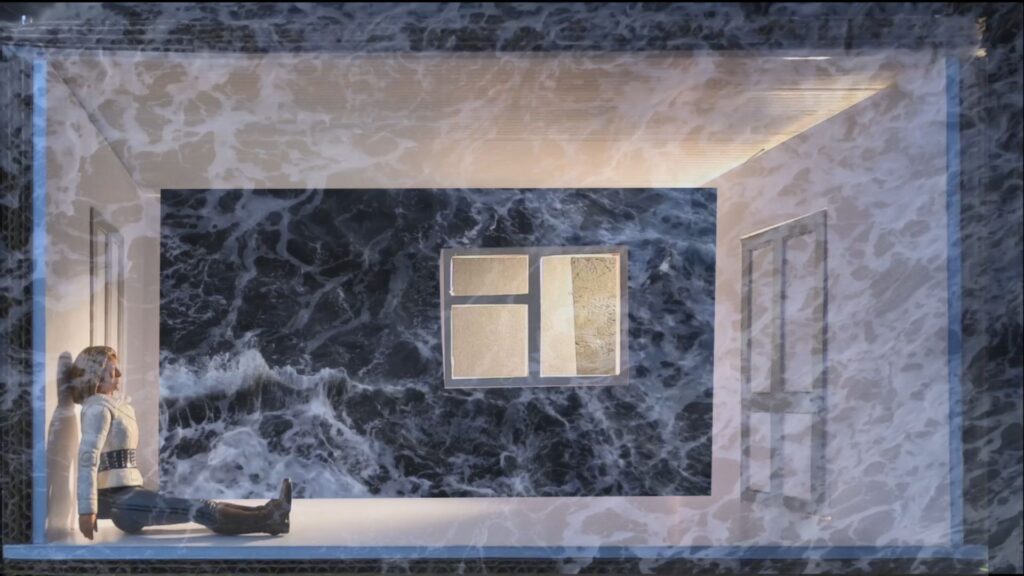 A digital sketch which shows some of the effects Mark might use when making the Millfield of Dreams film. A toy doll is sat against the corner of a blank room, leaning against the wall with her head looking up and her legs outstretched. Overlaid on the image is a translucent filter of waves, giving an ethereal effect.