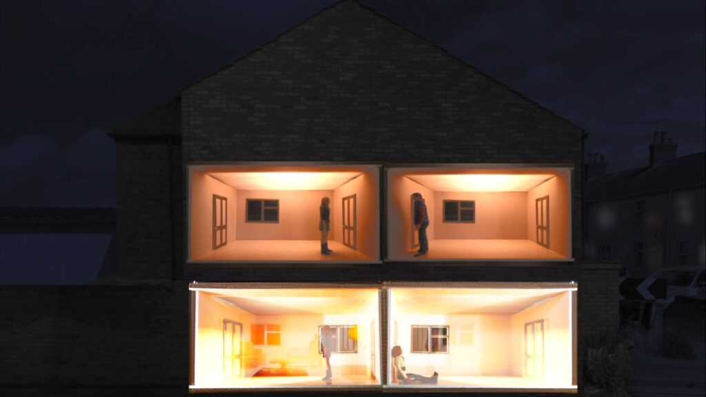 A photo of the side of a house taken at night. The image has been edited to make it look like the side of the house has been cut open and you can see into the rooms of the house. In each "room" a toy figure has been posed to look like they are going about their daily lives.