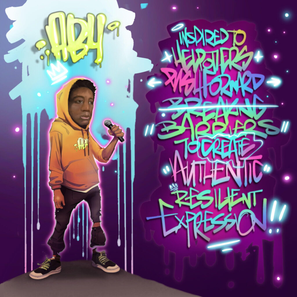 An interesting illustration depicting Aby Carter, a 17-year-old musician and performer holding a microphone.
Above him is his name "Aby" and beside him written in spraypaint are multiple words and sentences including: Inspired to help others, push forward, breaking barriers to create, authentic, resilient expression