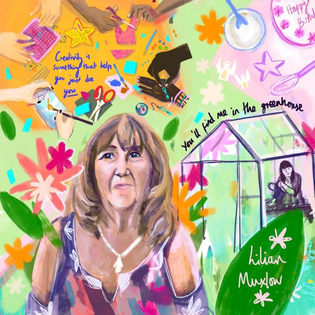 An interesting illustration depicting Lilian Muxlow, a local multi-skilled creative. Behind her you can see her green house and various other creative scenes such as crafting hands and baking.