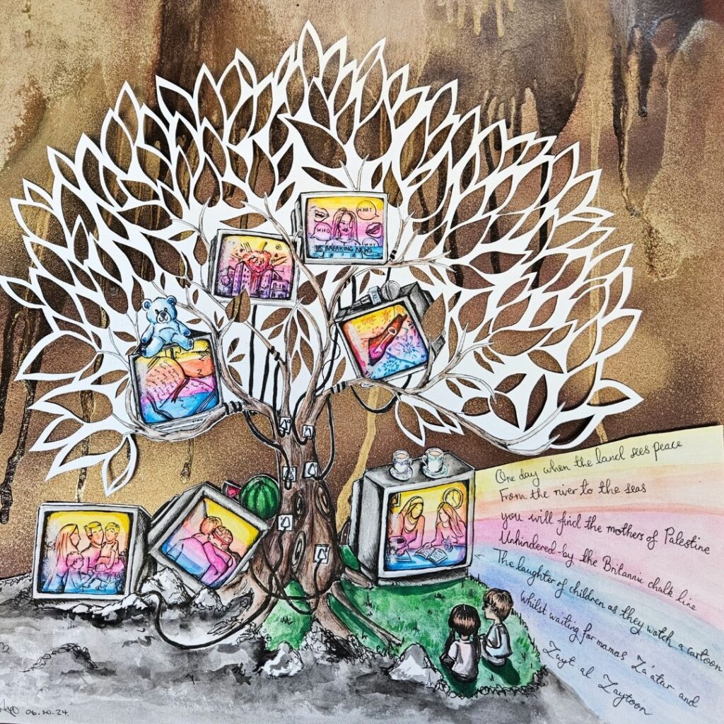 An interesting illustration depicting a creatively painted tree. The tree has several old CRT televisions hanging from it showing elements of a poem written by Lukhmann Ali a local poet.