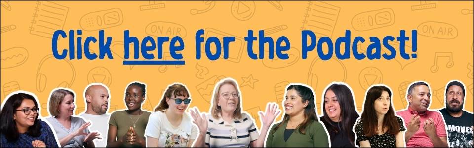A button you can push to be taken to the Podcast page of the website. Text reads 'Click here for the podcast'. It depicts all of the podcast guests smiling at the bottom of the image.