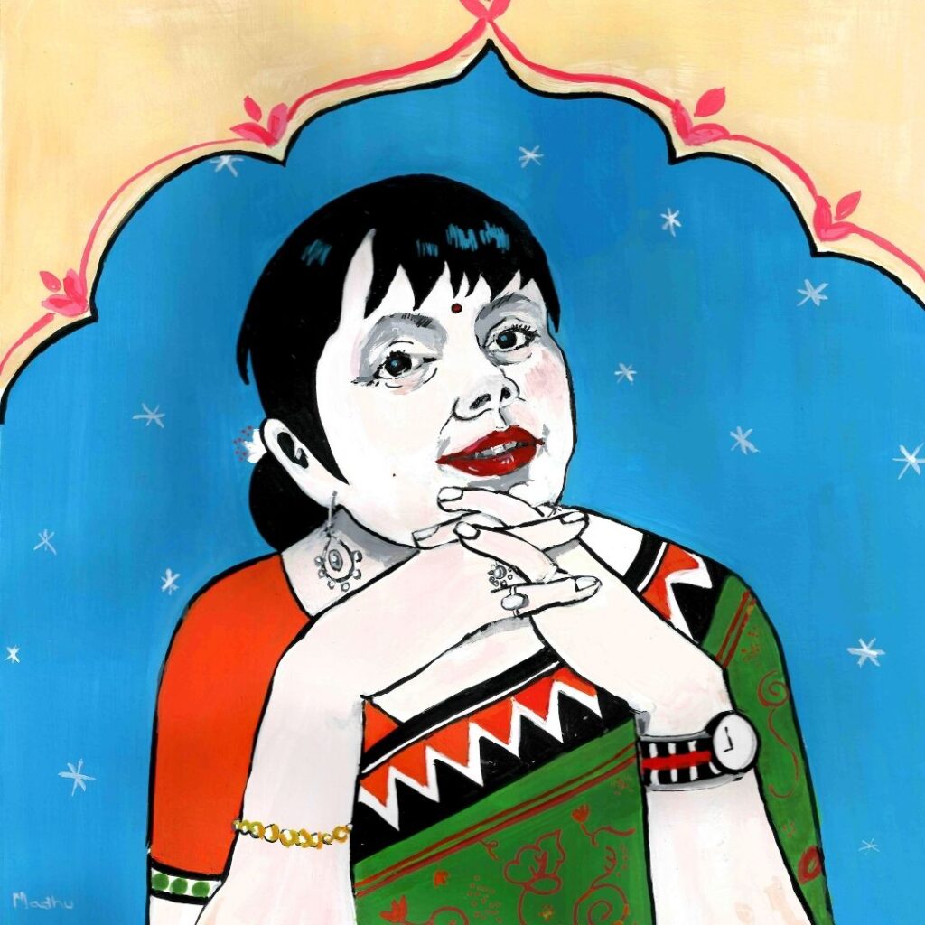 An interesting illustration depicting Rajni Reddy, a local community creative. She has her fingers steepled under her chin.