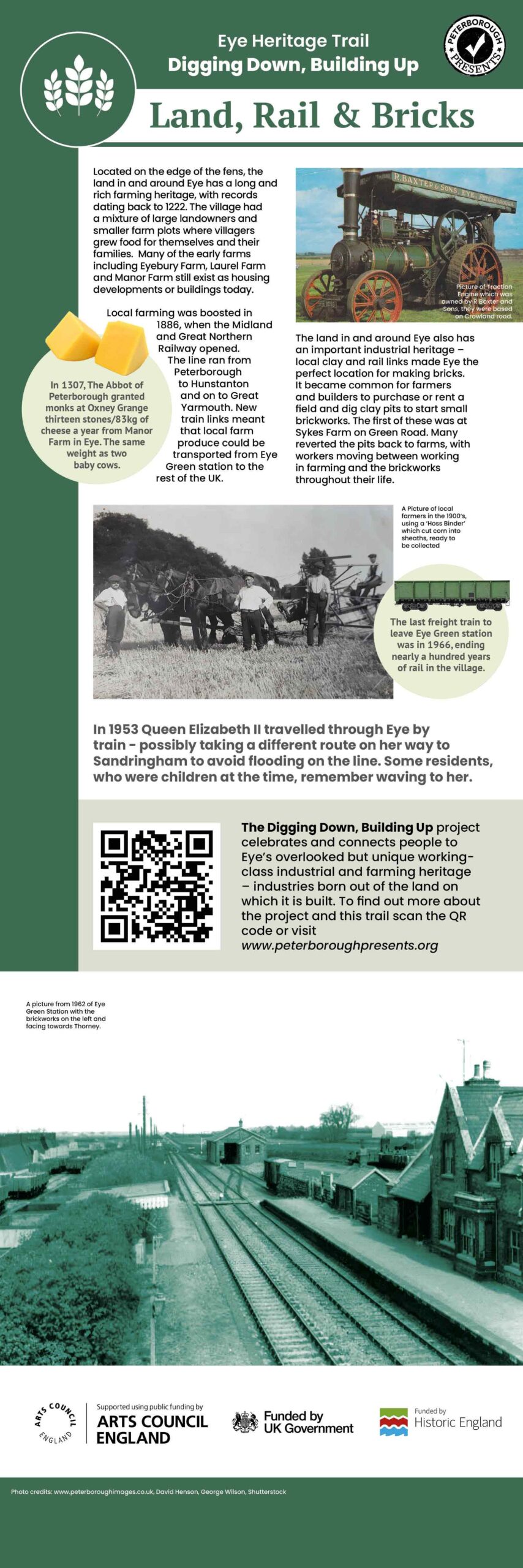 A tall thin design of a heritage trail information panel. There are six altogether and this one is themed around farming, with a dark green colour used to accent against a white background. There is a title, followed by a selection of paragraphs around the subject, with photos placed throughout to illustrate something historic or relevant to the theme and it's history in the area.