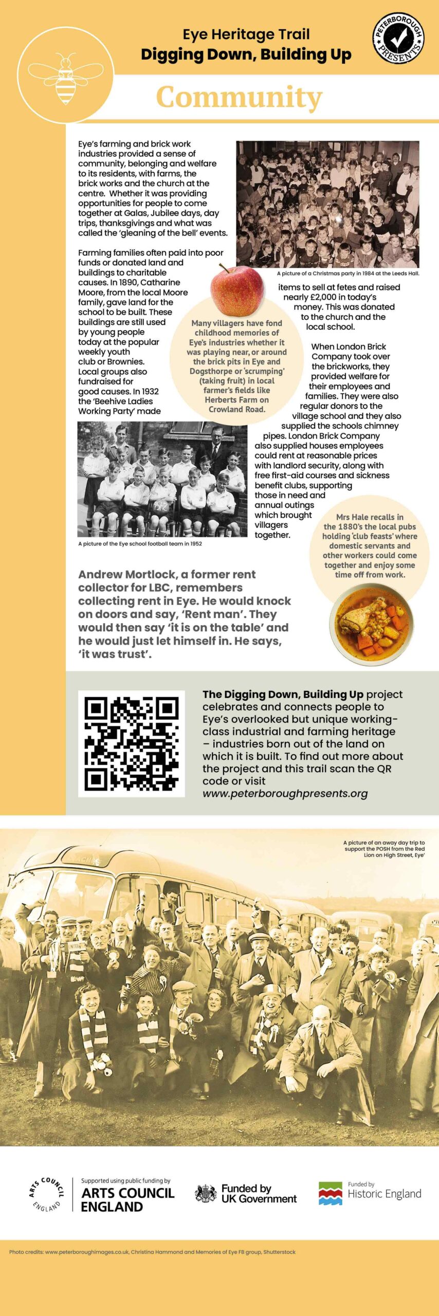A tall thin design of a heritage trail information panel. There are six altogether and this one is themed around Community, with a yellow colour used to accent against a white background. There is a title, followed by a selection of paragraphs around the subject, with photos placed throughout to illustrate something historic or relevant to the theme and it's history in the area.