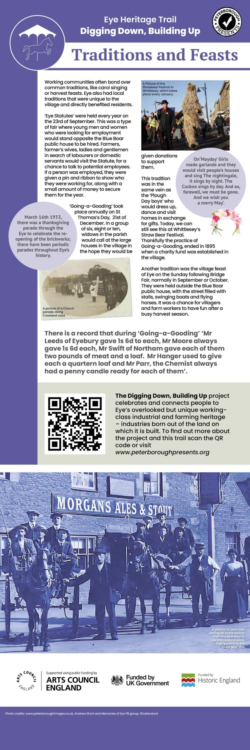 A tall thin design of a heritage trail information panel. There are six altogether and this one is themed around Traditions and feast information, with a purple colour used to accent against a white background. There is a title, followed by a selection of paragraphs around the subject, with photos placed throughout to illustrate something historic or relevant to the theme and it's history in the area.