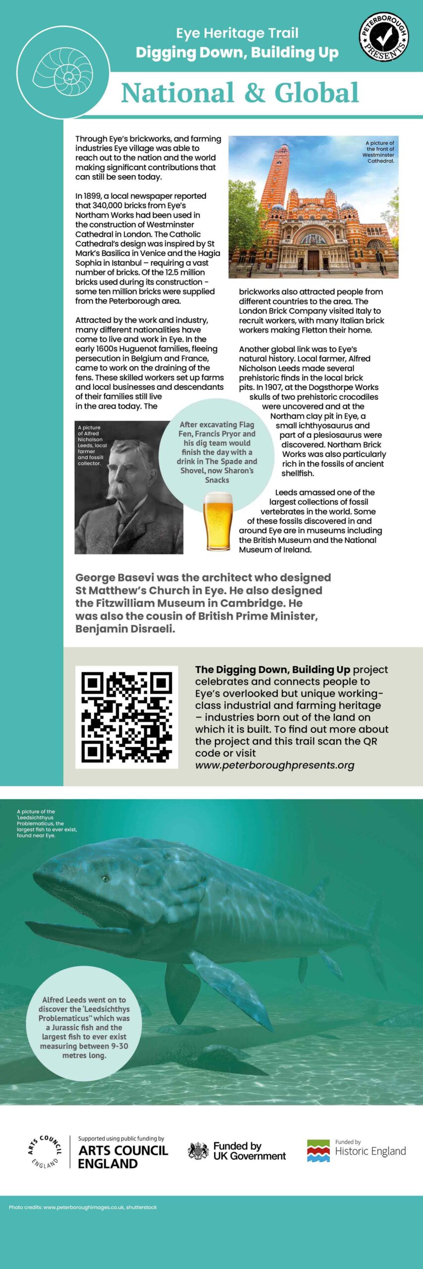 A tall thin design of a heritage trail information panel. There are six altogether and this one is themed around National and Global information, with a teal colour used to accent against a white background. There is a title, followed by a selection of paragraphs around the subject, with photos placed throughout to illustrate something historic or relevant to the theme and it's history in the area.