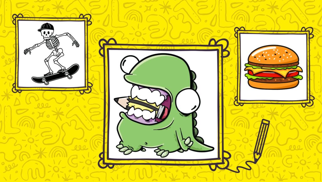 Yellow background with pale doodles as a pattern throughout. 3 line drawings of picture frames each featuring a drawing or illustration. The lead one being a green dinosaur with a pencil in its mouth.