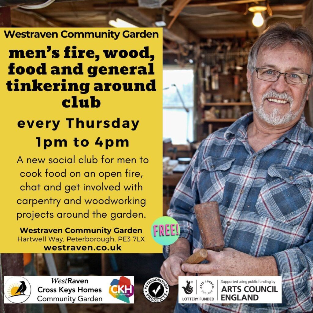 Graphic for Westraven Mens Club. Photo of smiling older gentleman with greying hair and beard, wearing a plaid shirt holding tools. Yellow text box to his left containing event information.