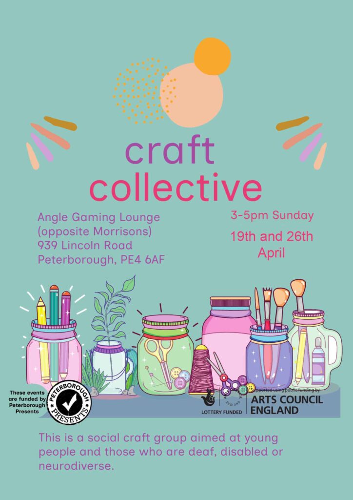 Craft collective social media graphic with teal blue background. Illustrations of crafting materials such as pens, brushes, yarn sit along the bottom of the design and purple and pink text holds the key event information.