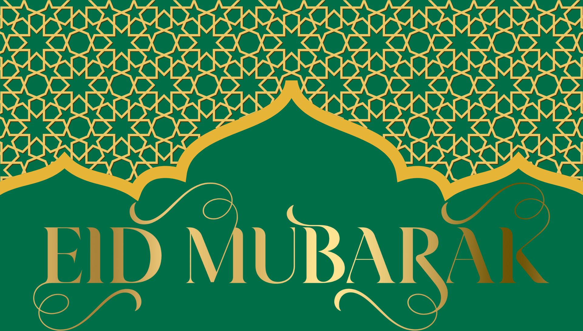 A green illustration with gold islamic patterns on top. Underneath it says Eid Mubarak