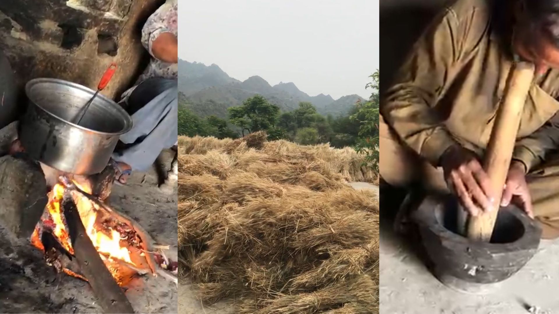 3 images from the Kashmiri homestead. A Fire under a cooking pot (left), a field of harvested straw (middle), and a pestle and mortar (on the right). 