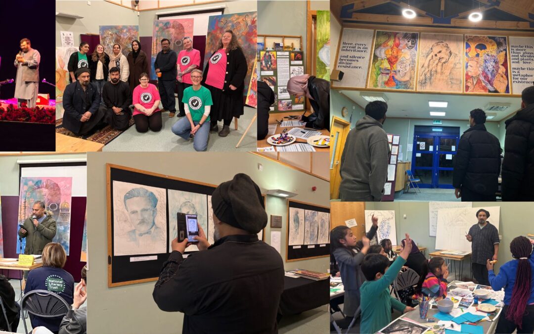 a collage of photos from Allama Iqbal Festival. Lots of people taking part in creative activities with art workshops and performances.