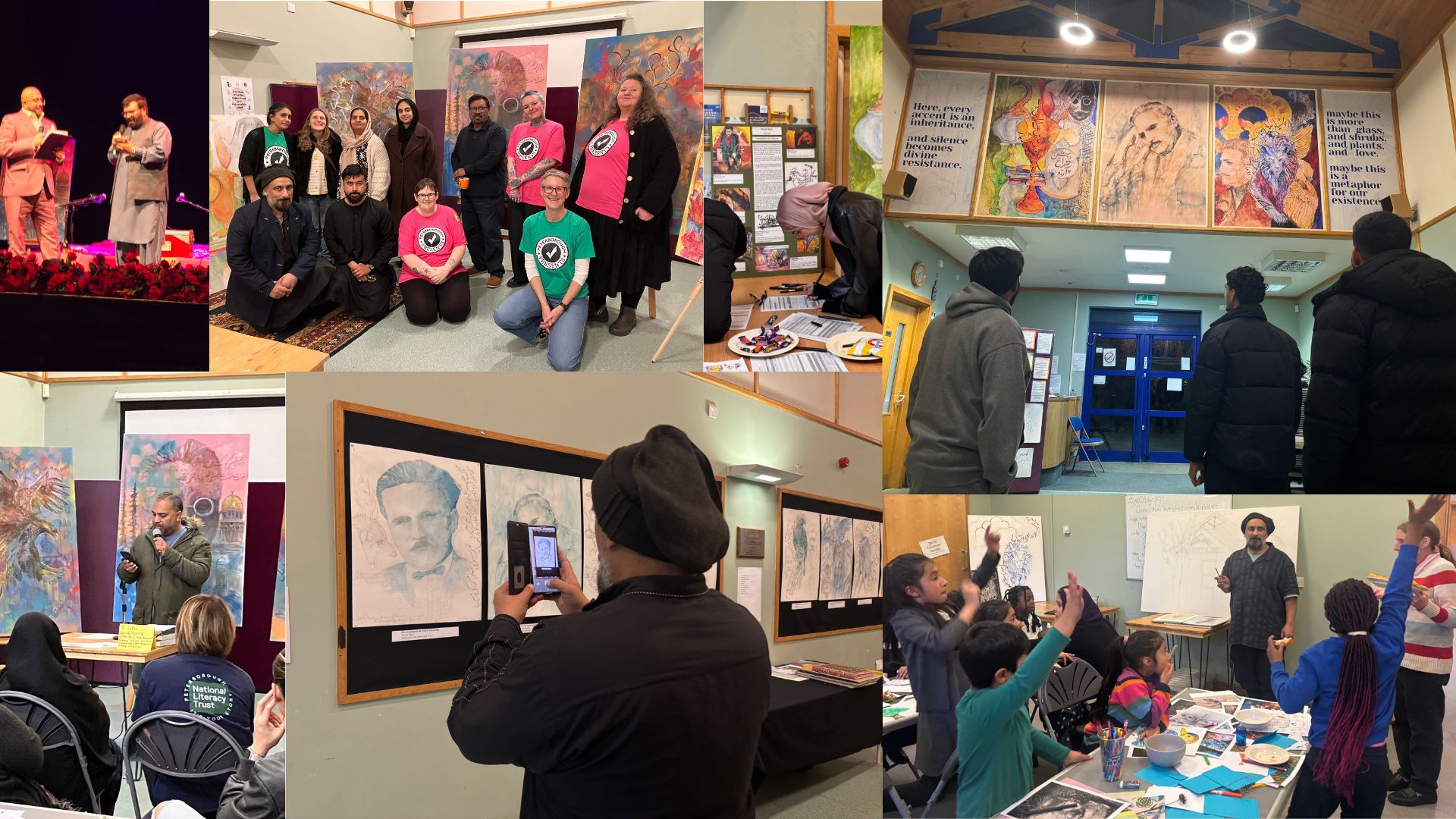 a collage of photos from Allama Iqbal Festival. Lots of people taking part in creative activities with art workshops and performances.