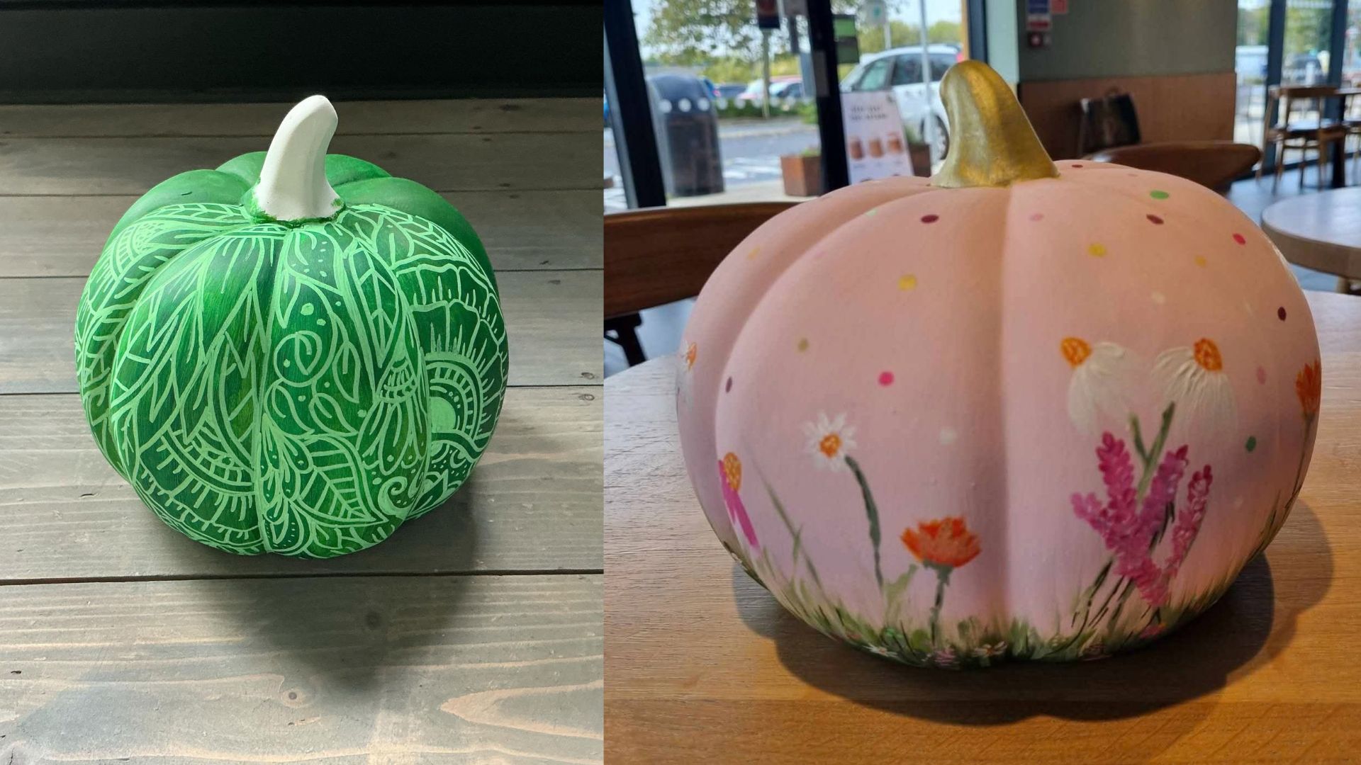 pumpkins A close up of 2 decorated pumpkins on a table. The one on the left is painted Green and the one on the right is painted pink with flowers on.